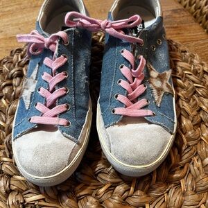 Golden Goose Blue Denim Sneakers with Pink Laces